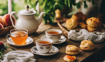 Fototapeta premium Inviting Cozy Tea Party Scene Showcasing Delicious Hot Peach Tea Cups Amid Warm, Elegant Ambiance