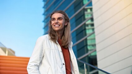 Fototapeta premium Graphic design software animation templates concept. A young man smiles while standing outdoors near modern architecture.