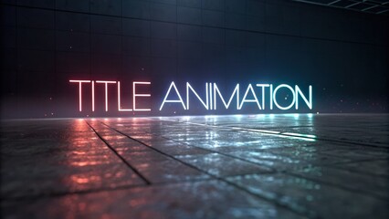 Obraz premium Graphic design software animation templates concept. Neon title animation reflecting on a wet surface with dark background.