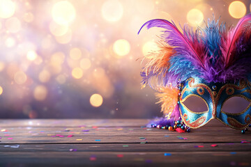 A Mardi Gras mask with bright feathers and beads rests on a wooden table, surrounded by glowing festive lights and scattered confetti, capturing the spirit of celebration.