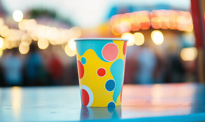 Colorful paper cup showcasing a fun retro design with vibrant patterns for beverage branding excellence