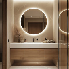 Stylish bathroom with backlit circular mirror and modern minimalist design for elegant daily luxury routines