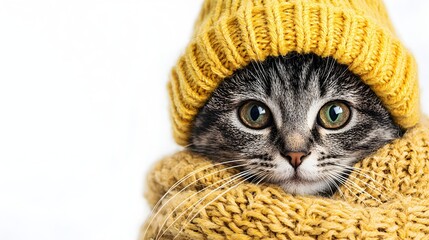 Naklejka premium Cute Cat in Yellow Knitted Hat and Scarf for Cozy Winter Vibe