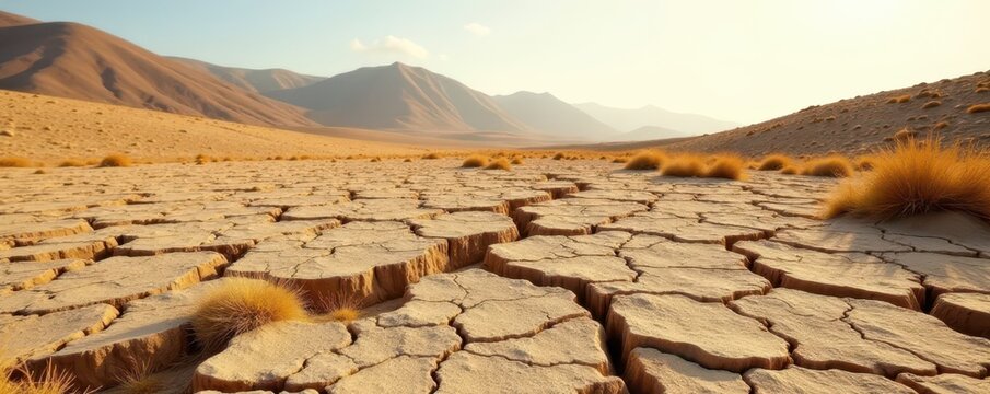 Rough, dry cracked earth, distant low hills, pale light , texture, photography