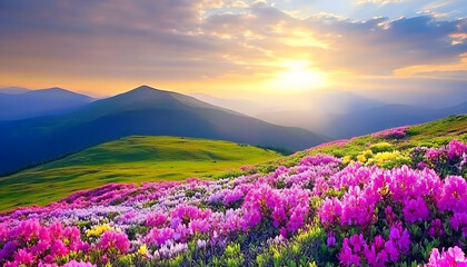 Obraz premium Vibrant sunrise over rolling hills, showcasing a breathtaking landscape of colorful wildflowers in full bloom.