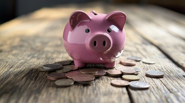 Piggy bank surrounded by scattered coins symbolizes saving and financial growth.
