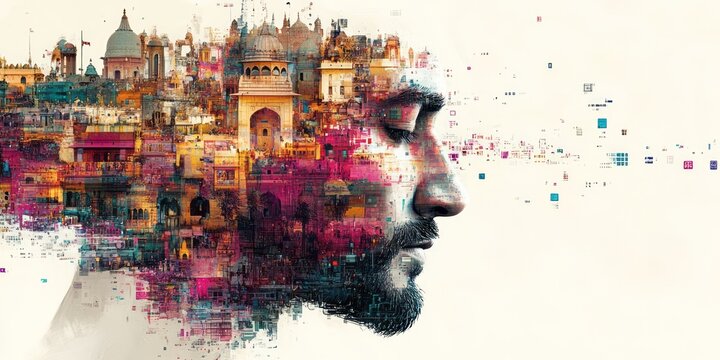 Portrait of a man with buildings forming part of his head
