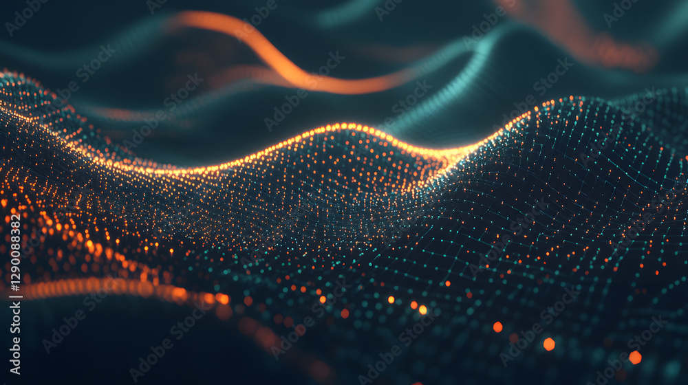 Poster computer screen displaying a digital wave pattern with vibrant colors and abstract design elements