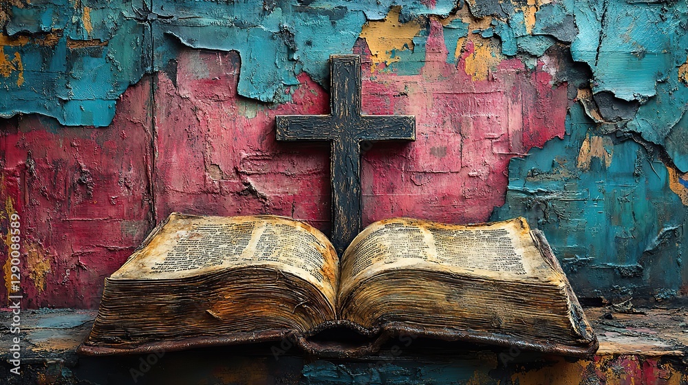 Poster opened book with a christian cross on the background of colorful graffiti
