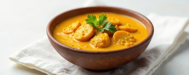 Rustic bowl filled with vibrant curry, white backdrop , dinner, healthy