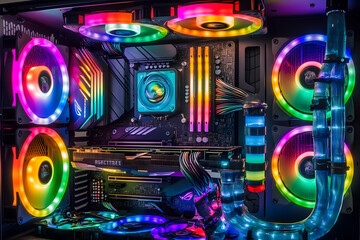 Fototapeta premium Vibrant RGB custom-built PC showcasing intricate water cooling loops and dazzling LED lighting. A stunning example of high-end PC hardware aesthetics.