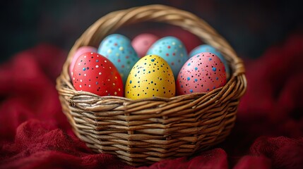 Fototapeta premium painted easter eggs in a wicker basket on a red cloth