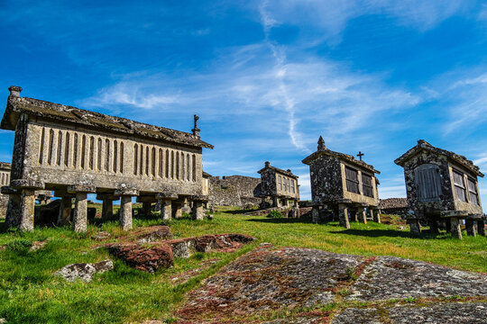 The communitarian granaries, called espigueiros, in the village of Lindoso, Peneda National Park, Northern Portugal