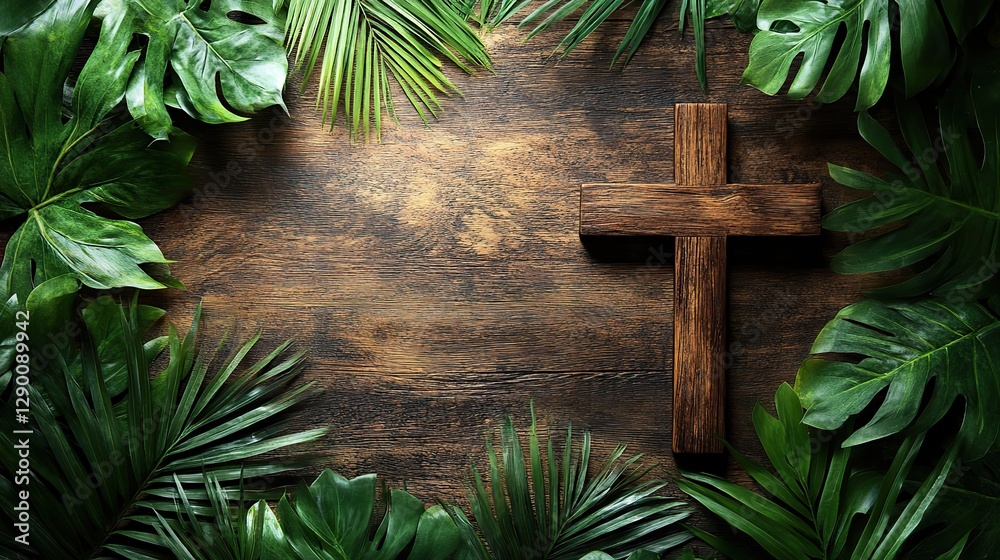 Poster palm sunday cross and palm leaf with copy space christian feast