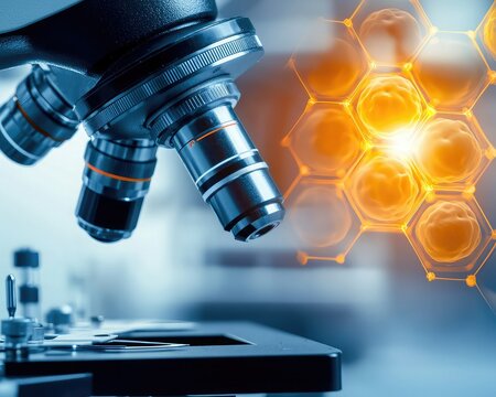 A close-up view of a microscope exploring scientific research with a digital hexagonal pattern in the background.