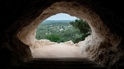 Cave opening reveals scenic valley view