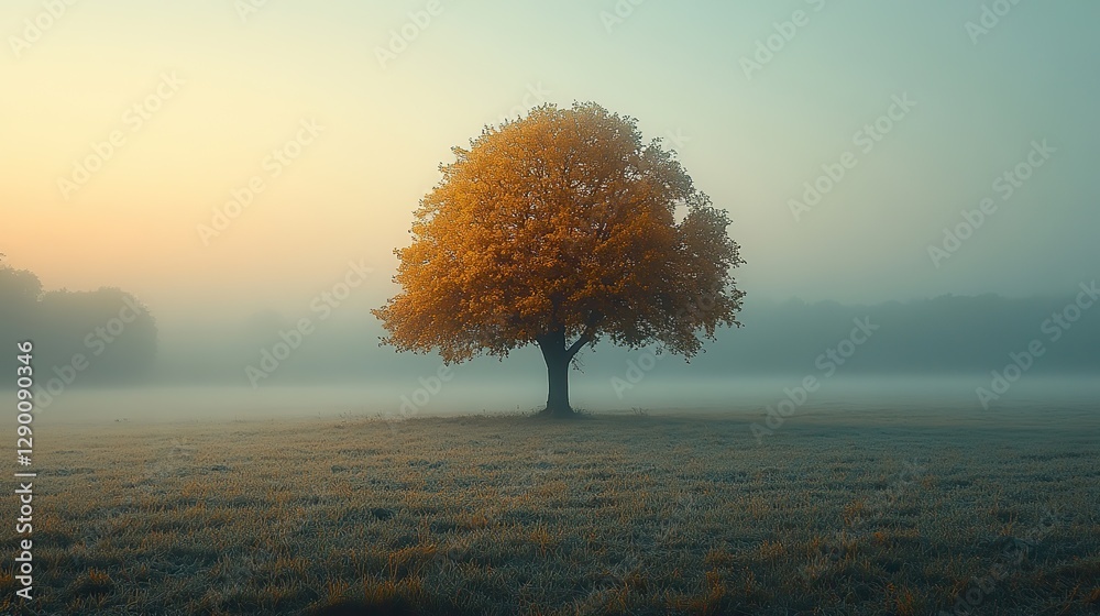 Poster panoramic view of a field with a lonely tree in the middle misty horizon tranquil countryside