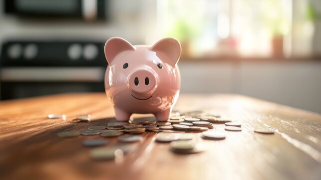 Piggy bank surrounded by scattered coins symbolizes saving and financial growth.
