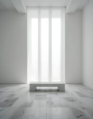 The brightly lit interior displays a concrete bench beneath a window