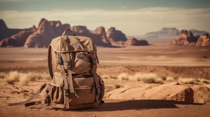A travel backpack with a hiking trail in the background, left empty space, soft brown background,generative ai illustration