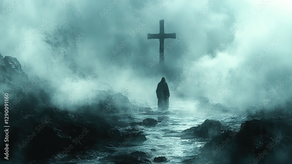 Poster path to enlightenment cross standing tall amidst a misty shore the silhouette of a man is staring at