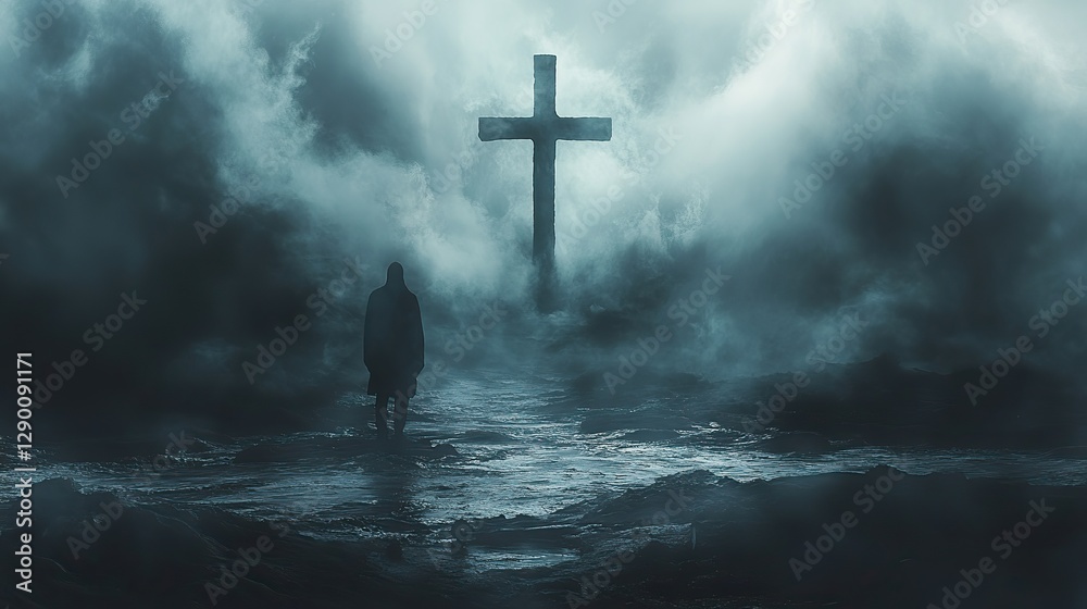 Poster path to enlightenment cross standing tall amidst a misty shore the silhouette of a man is staring at