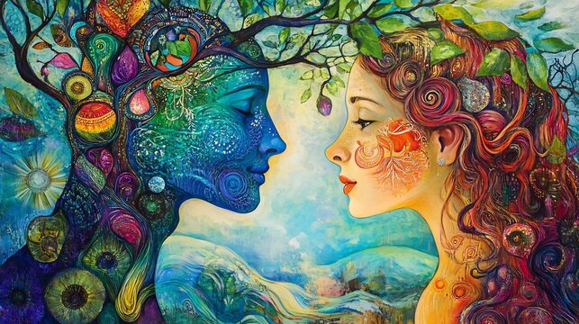 Adam Eve in a wall mural with vibrant colors and symbolic elements