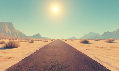 Fototapeta premium Desolate asphalt road cutting through barren desert landscape, creating an isolated and dramatic scene