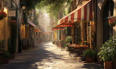 Fototapeta premium Lively street café scene featuring striped umbrellas, potted plants, and a bustling urban atmosphere for relaxation