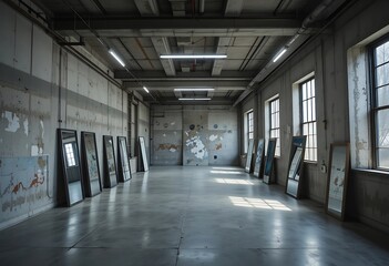 Mirrors Line The Walls Of A Large Concrete Industrial Room