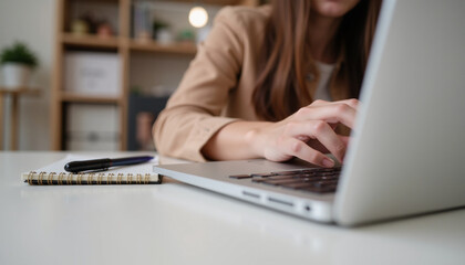 Fototapeta premium Woman typing on a laptop in a warmly lit home office.