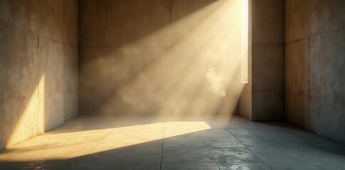 Smoky, sunlit concrete room Dust motes dance in beams , composition, grey, scene