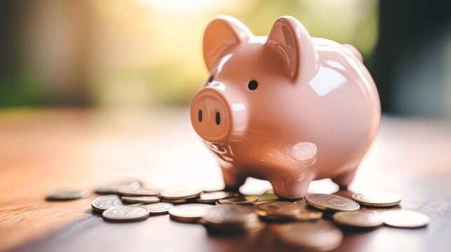 Piggy bank surrounded by scattered coins symbolizes saving and financial growth.

