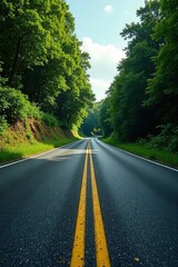 Fototapeta premium Smooth asphalt, fresh road markings, green verge , daytime, shadow, landscape