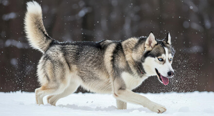 Naklejka premium Siberian Husky Dog Running in Snowy Winter Landscape Playful Canine in Snow
