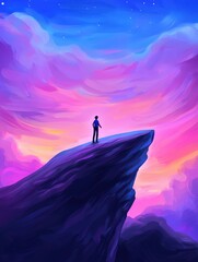 Man standing on a cliff gazing at a colorful sunset over the horizon inspiring a moment of reflection and serenity