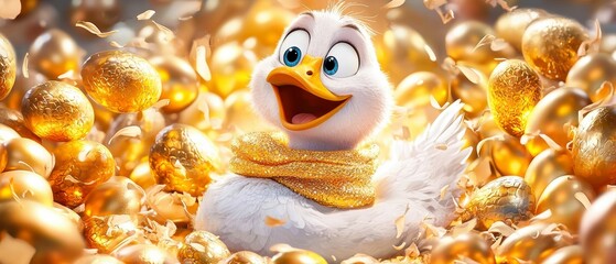 Joyful Chick Among Golden Eggs