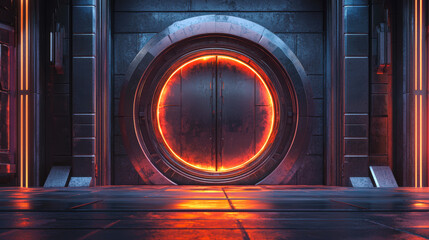 The safety door of a nuclear reactor. A large, luminous metal door with a round hole. The space gateway. Bank safe deposit box. Bunker. Shelter