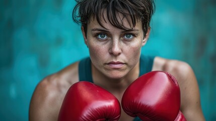 Intense female boxer preparing for a match in training