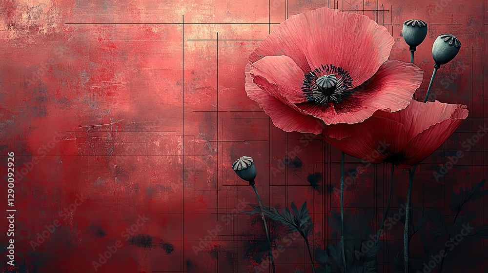 Aufkleber poppy flower design on a redbackground with architectural blueprint elements symbolizing growth and innovation in technology engineering or architecture