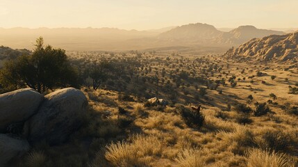 Golden hour desert landscape with person standing amidst dry grass and rocks, overlooking a vast valley.