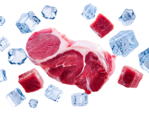 raw meat surrounded by ice cubes.