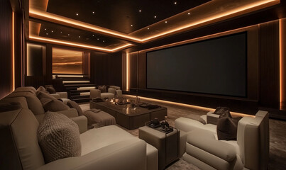 Luxurious penthouse home theater featuring plush seating and immersive cinematic experience for elite entertainment lifestyle