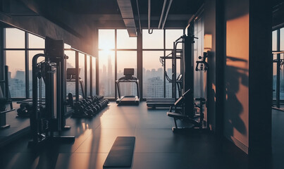 Exclusive penthouse gym equipped with modern fitness equipment and large windows offering panoramic city views