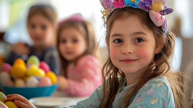 Adorable little girl easter bonnet colorful eggs happy springtime festive celebration childhood sweet