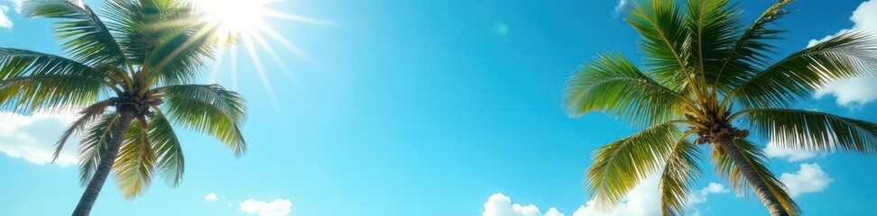 Sun-drenched palms against a cloudless azure sky , Palm, green, paradise