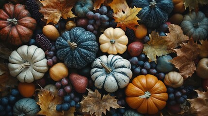 Thanksgiving pumpkins surrounded by fruits and falling leaves, celebrating autumn's bounty and warmth.
