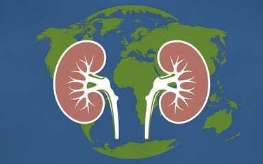 Fototapeta premium Globe Inspired Kidneys with Simplified World Map Design Featuring Green Continents on Blue Background for Global Health Awareness - World Kidney Day