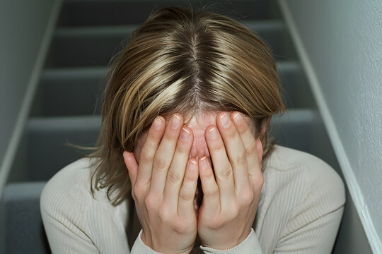 distressed woman sitting on stairs, covering her face with hands, expressing emotional struggle. scene conveys feelings of anxiety and overwhelm