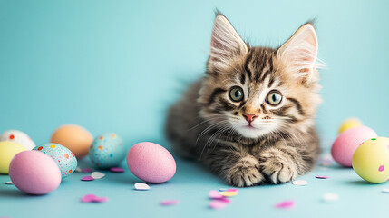 Adorable kitten playing with pastel easter eggs on blue background cat pet fun cute baby paws sweet